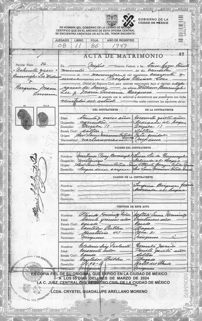 Marriage certificate: María Lucrecia Barquera and William S. Burroughs